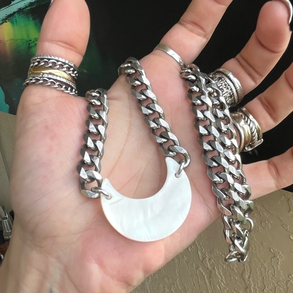 Mother of pearl moon stainless steel cuban link thick choker necklace boho - Picture 8 of 16